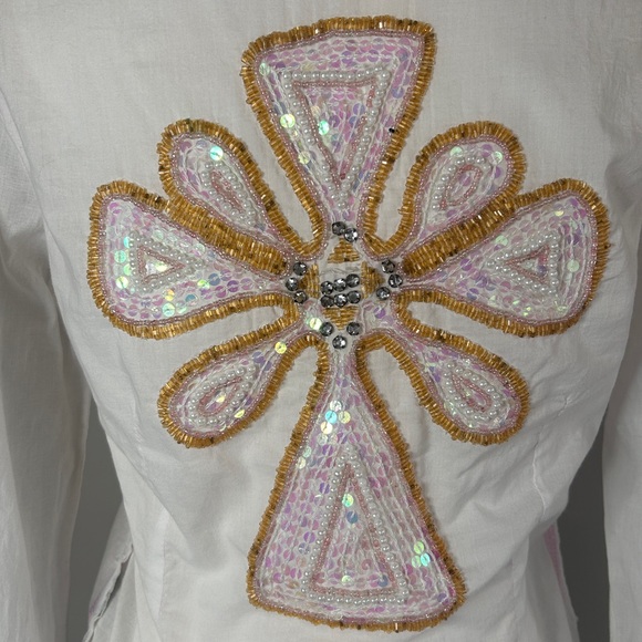 Y2K DOLLHOUSE Button Down Shirt Sequin Floral Cross Applique Preppy Western Sz M - Picture 10 of 15